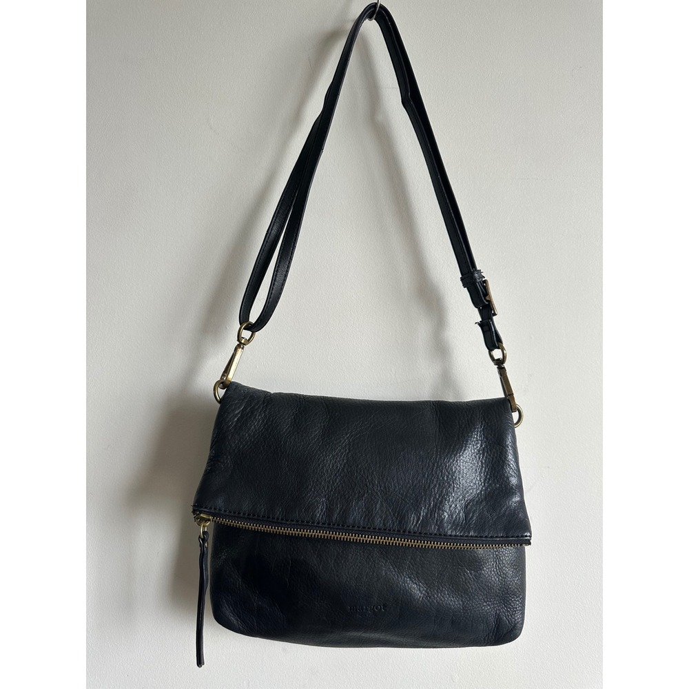 Margot New York Robbie  Fold over Black Leather Crossbody Bag Brass Hardware